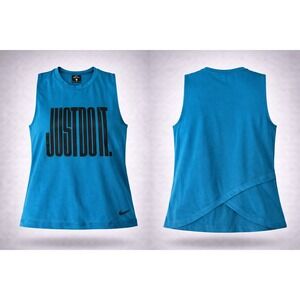 Nike Dri-FIT Just Do It Teal Blue Mesh Back Split Hem Training Tank Top Womens M
